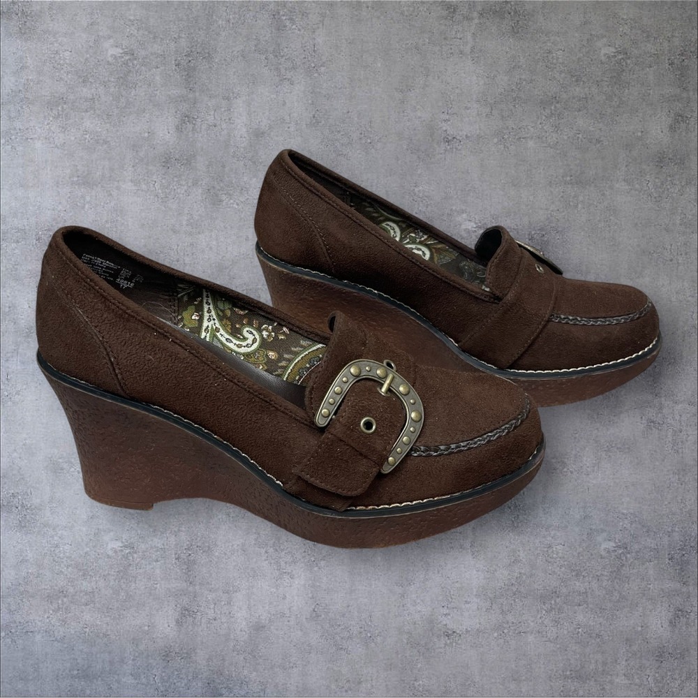 VTG 90's Y2K Lower East Side Brown Wedge Platform Heels Slip On Shoes Womens 7.5